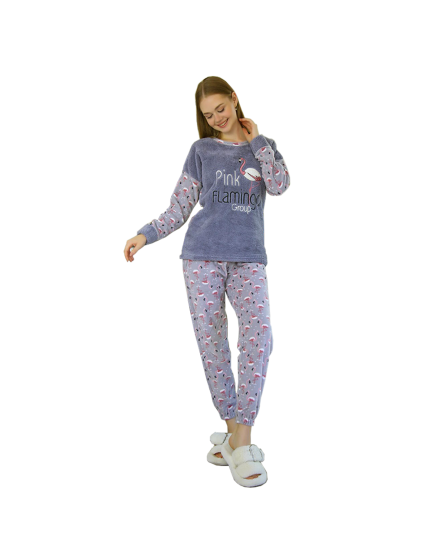 fleece pajama set flamingo print grey