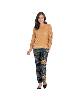 Daily home wear in golden yellow color and black velvet pants with a leaf pattern
