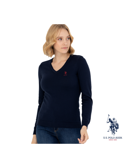 USPA cotton navy Knitted V Neck T-shirt