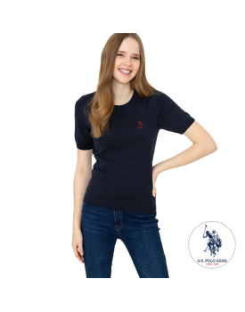 USPA cotton navy blue Knitted crew neck T-shirt